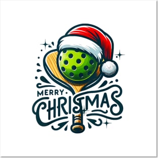 Merry Christmas Pickleball Pickle Ball and Paddle Santa Posters and Art